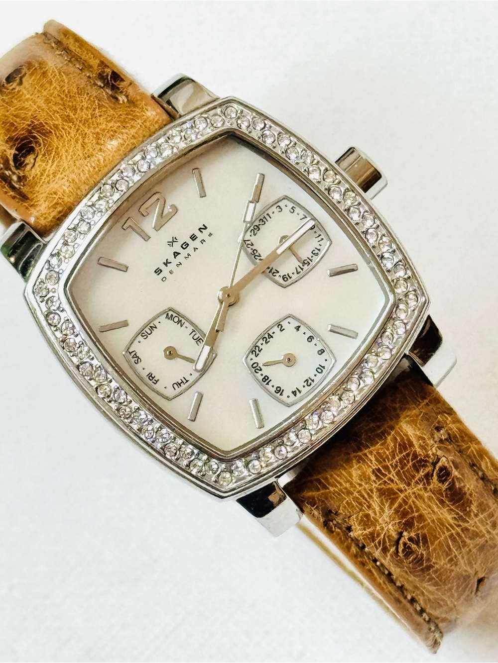 Skagen Mother Of Pearl Women's Crystals Silver Watch Brown Ostrich Band 558SSLD8